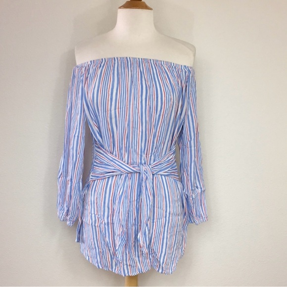 Lucy Love Tops - Lucy Love Blue White Stripe Off Shoulder Balloon Sleeve Blouse Tunic Size Large